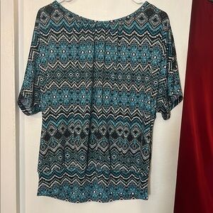 Graphic Blue and Black 3/4 Sleeve Relaxed Blouse